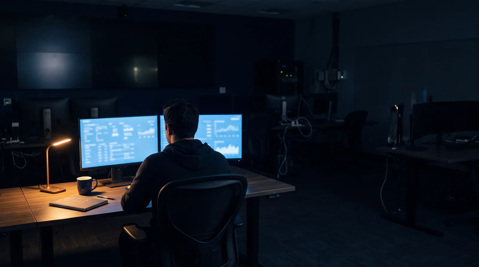 A security analyst sits alone at a desk in a dark operations room at night, two monitors glowing blue and a desk lamp lighting a notebook and mug.