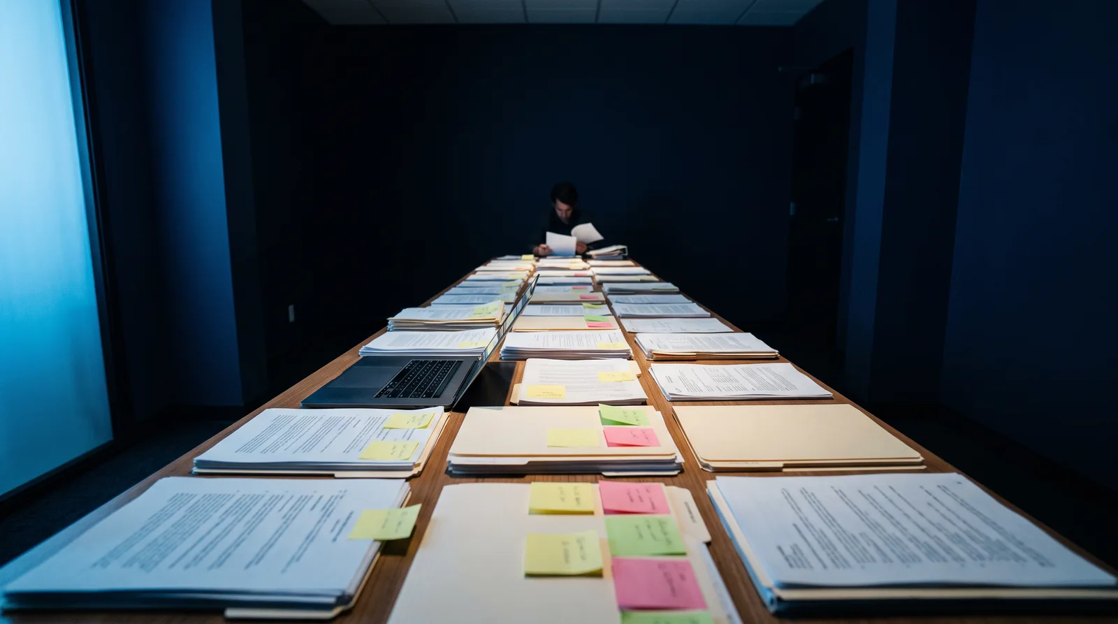 A long table stretches into the distance covered end to end with documents, folders, a laptop and notes, with one person reviewing papers at the far end.