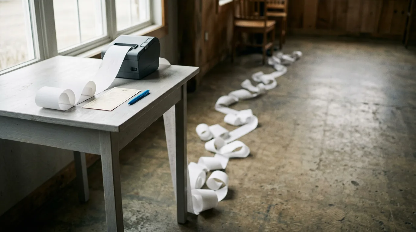 A very long paper receipt unspooling off a gray desk onto the floor beside a short paper menu card