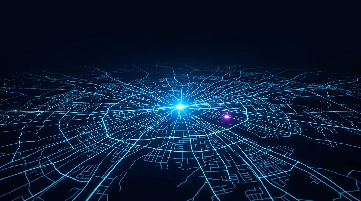 An aerial view of thin glowing light lines spreading outward like a road map at night, converging toward one bright point, representing the breadth of Gemini's real time and multimodal reach.