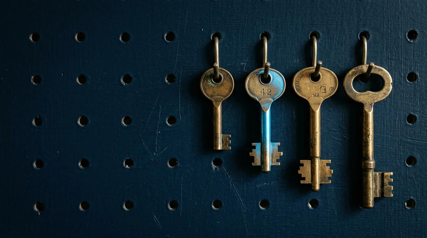 Four brass keys of rising size hanging in a row on a dark pegboard, the second one lit blue, standing in for Gemini's tiered app plans