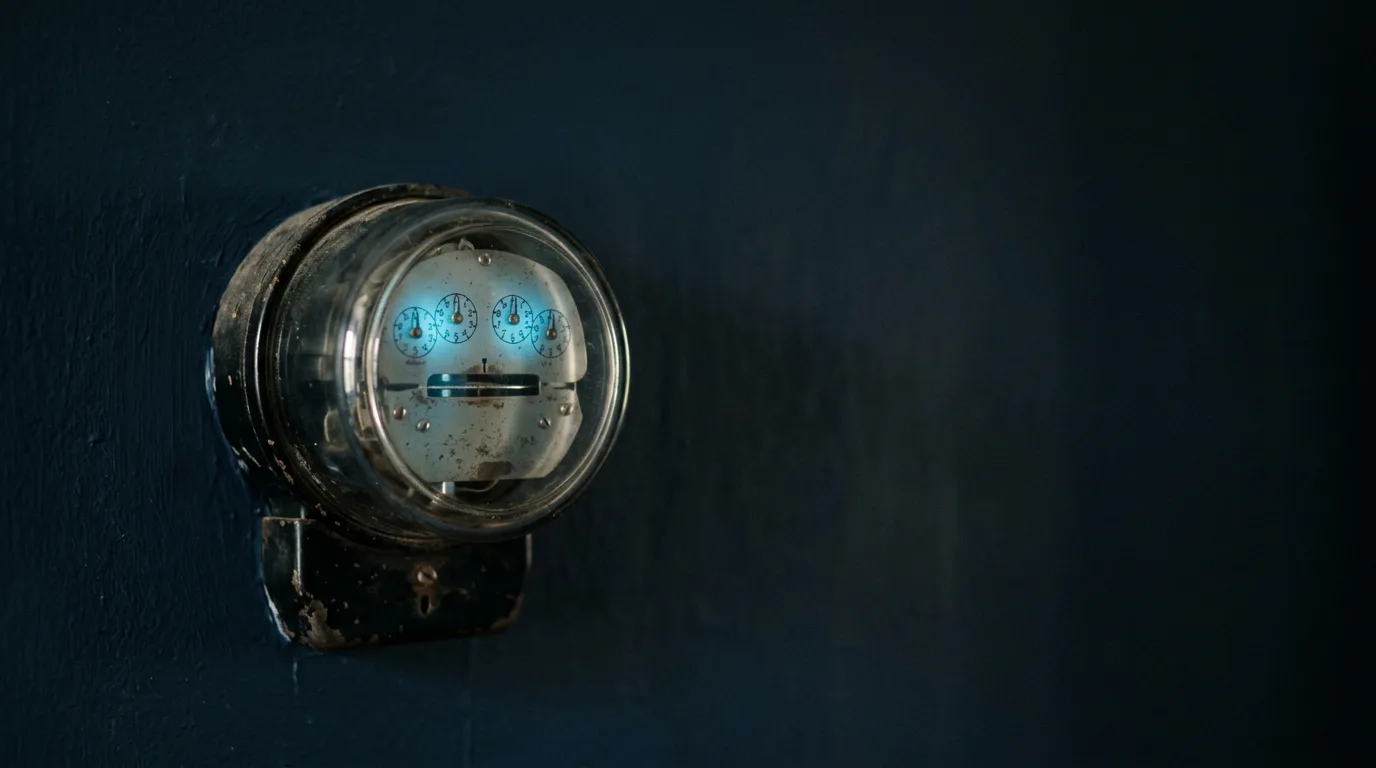 Analog electric meter with softly glowing blue dials on a dark navy wall, a picture of how Gemini pricing is metered by use