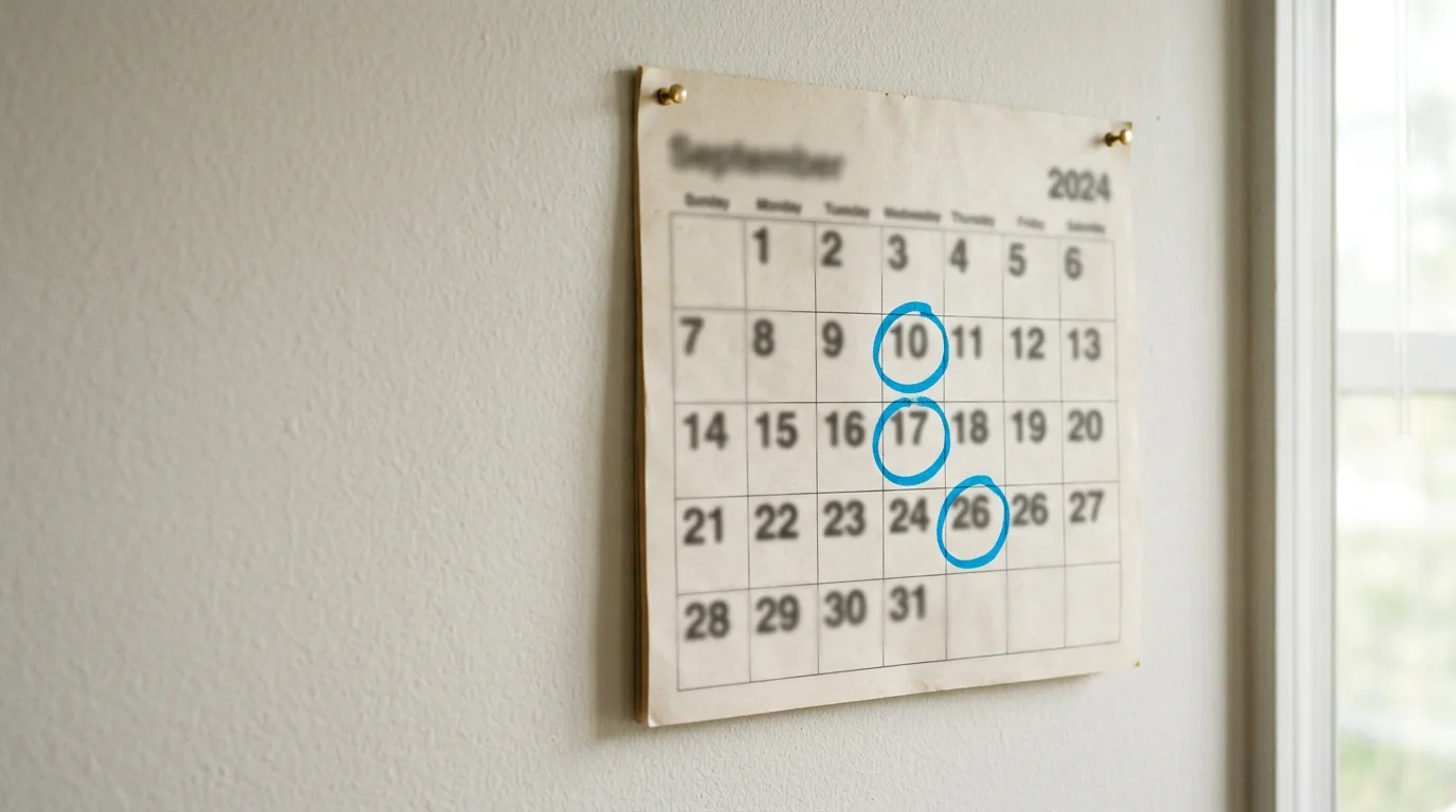 A paper wall calendar with three dates circled in blue marker, the numbers softly blurred