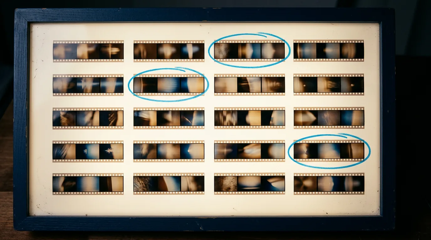 Twenty strips of film frames laid in rows on a glowing light table, three of them circled in blue grease pencil