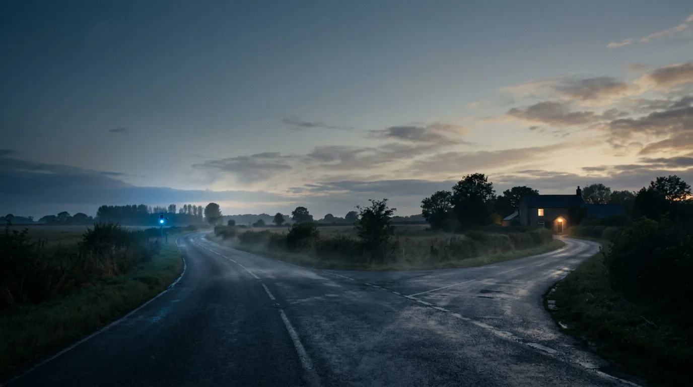 A country road splitting into two paths at dusk, one glowing blue toward the horizon, the other lit by a warm porch light in the distance.