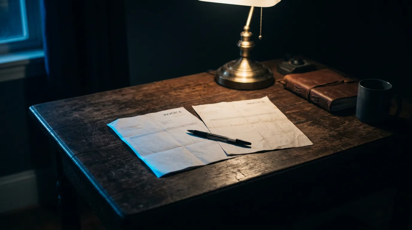 Two blank paper invoices side by side on a desk under a lamp, one edge lit with a thin blue rim of light.
