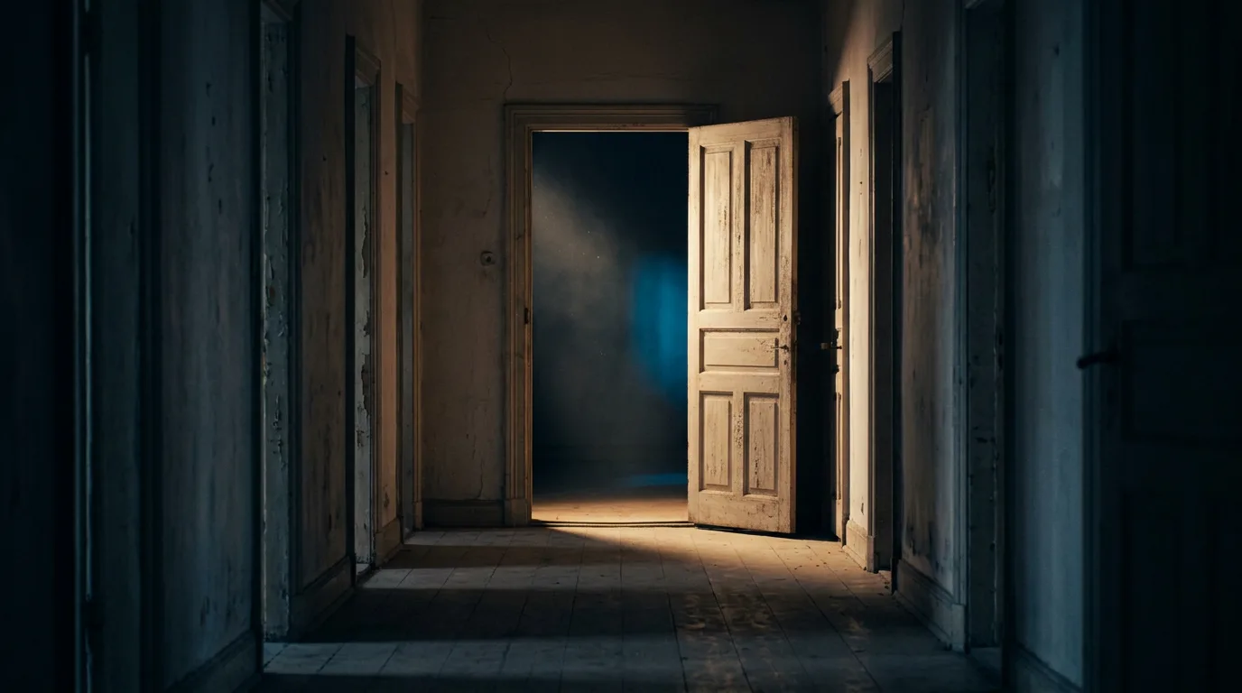 A single open door at the end of a hallway of closed doors, warm light spilling out with a faint blue glow inside.
