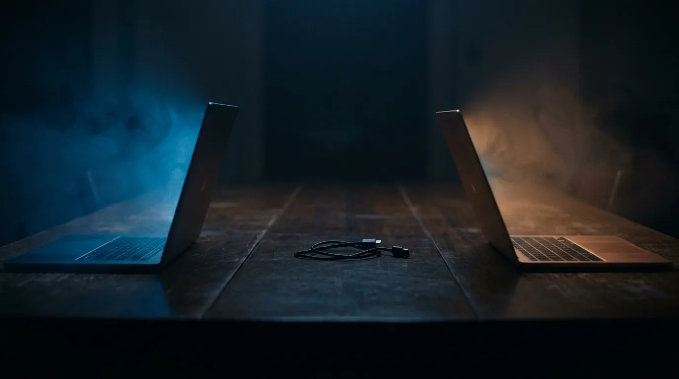 Two open laptops on a table with a dark, empty gap between them, each casting its own pool of light.