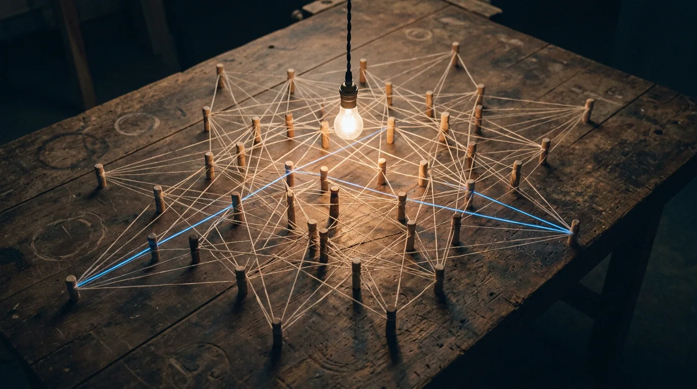A web of threads strung between pegs on a dark workshop table, one thread glowing blue where it crosses the others.