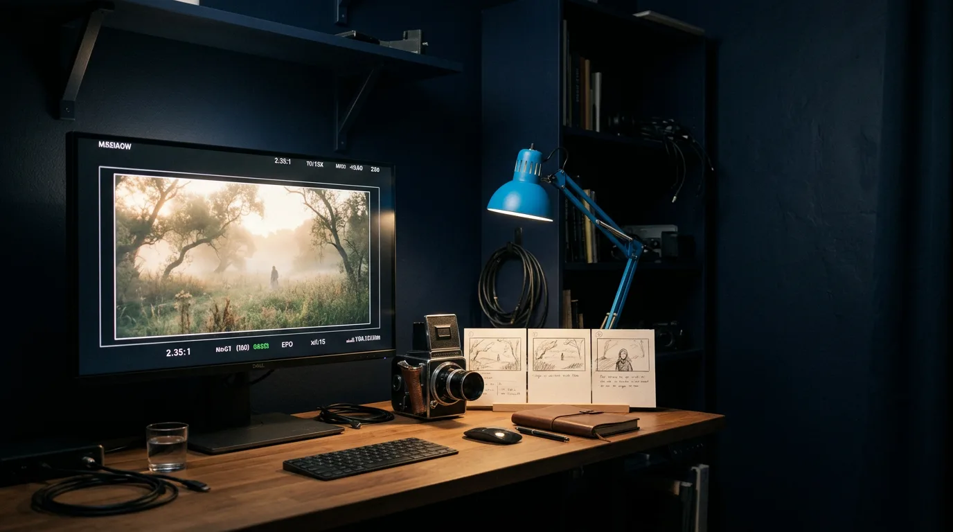Genie 4 style previs: a film director's desk with a monitor showing a misty meadow scene, a viewfinder and storyboard cards in a dark room lit by one lamp