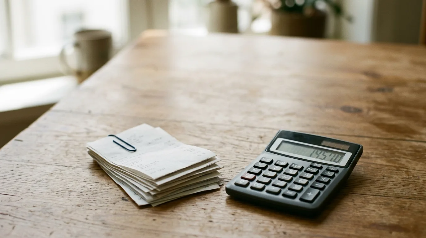 A calculator and a small stack of receipts on a desk in soft window light