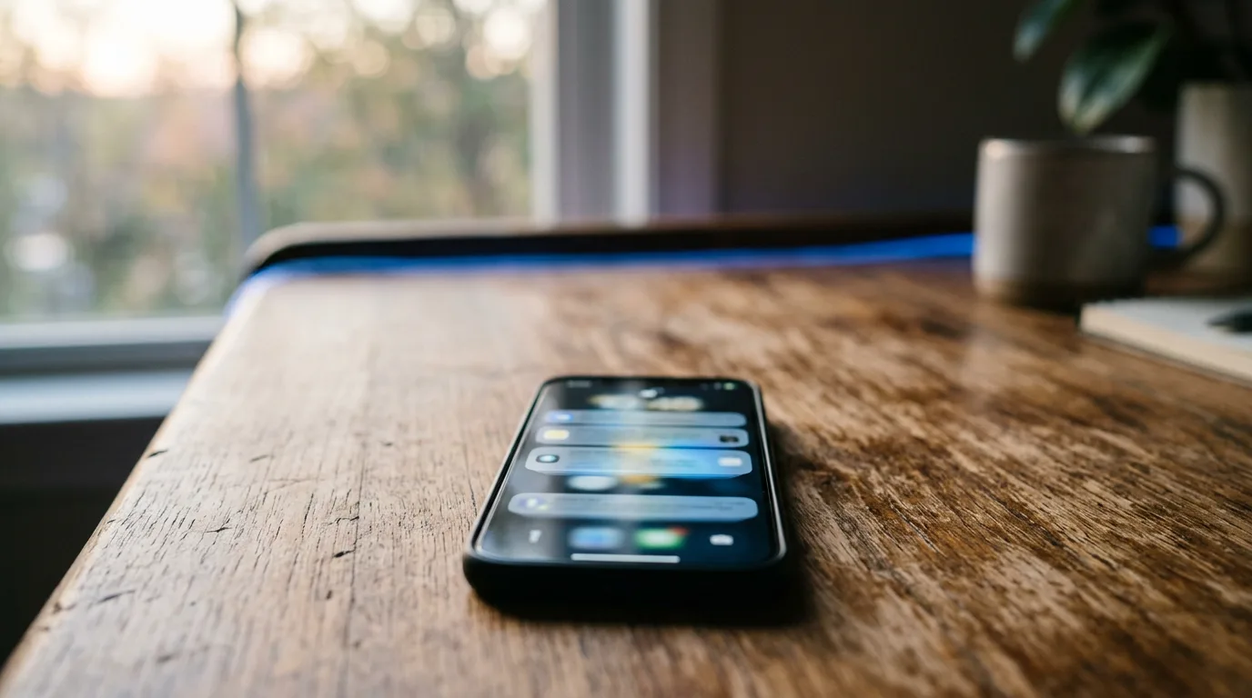 A smartphone on a desk showing a blurred stream of live notifications in morning light