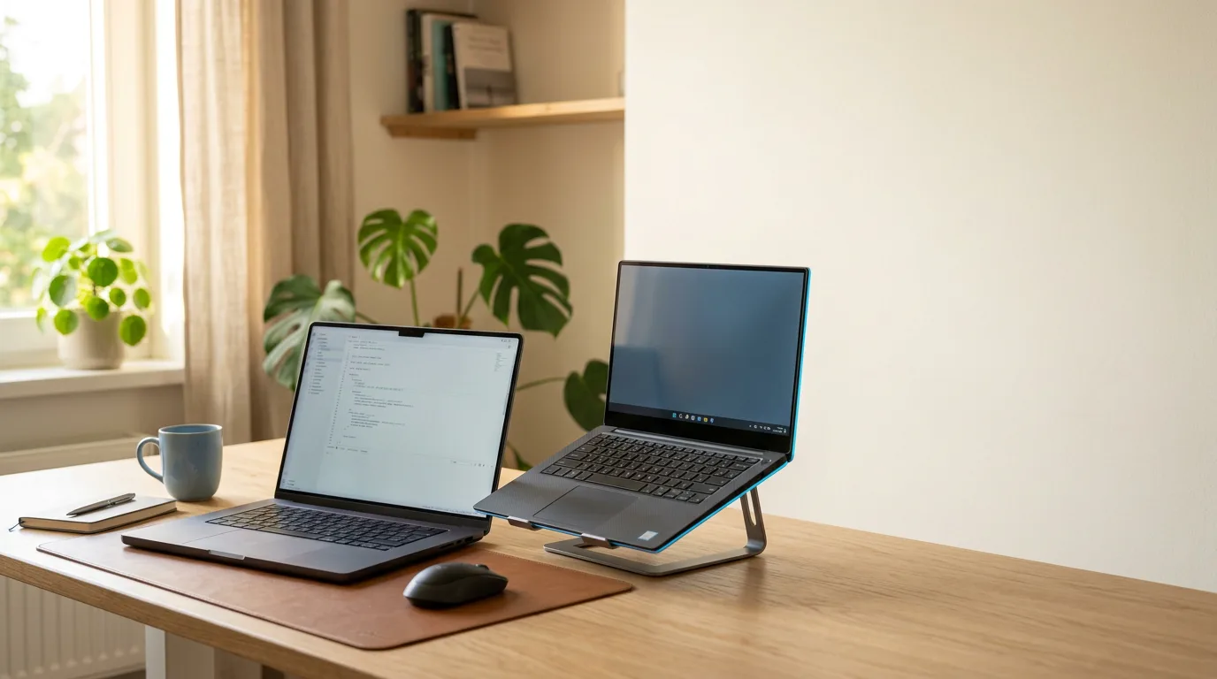 Two open laptops side by side on a desk, lit by warm morning light, standing in for the choice between Grok and ChatGPT