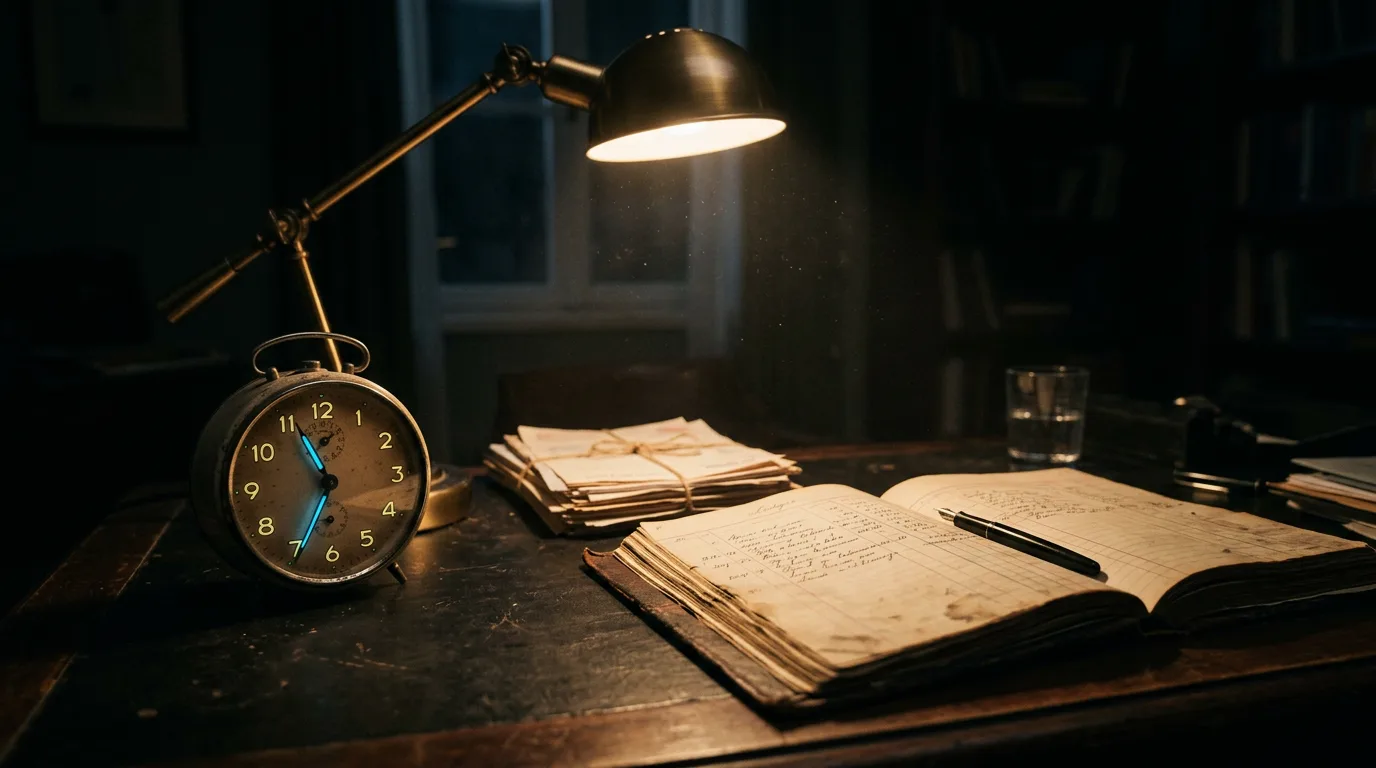 An open ledger and an alarm clock sit on a desk beside a short stack of dated invoices under a lamp.