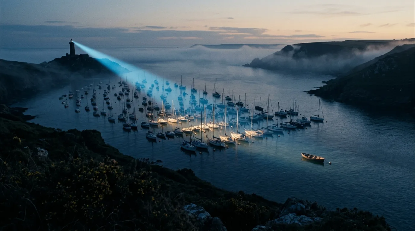 A lighthouse beam sweeps across a harbor of anchored boats at dawn, with one boat already cut loose from its mooring.