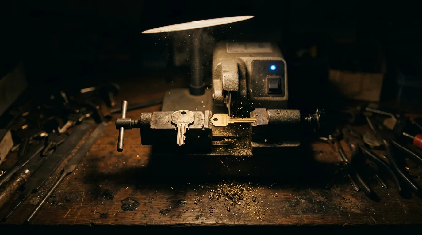 A locksmith's cutting machine shapes a blank key against a worn original under a bright work lamp.