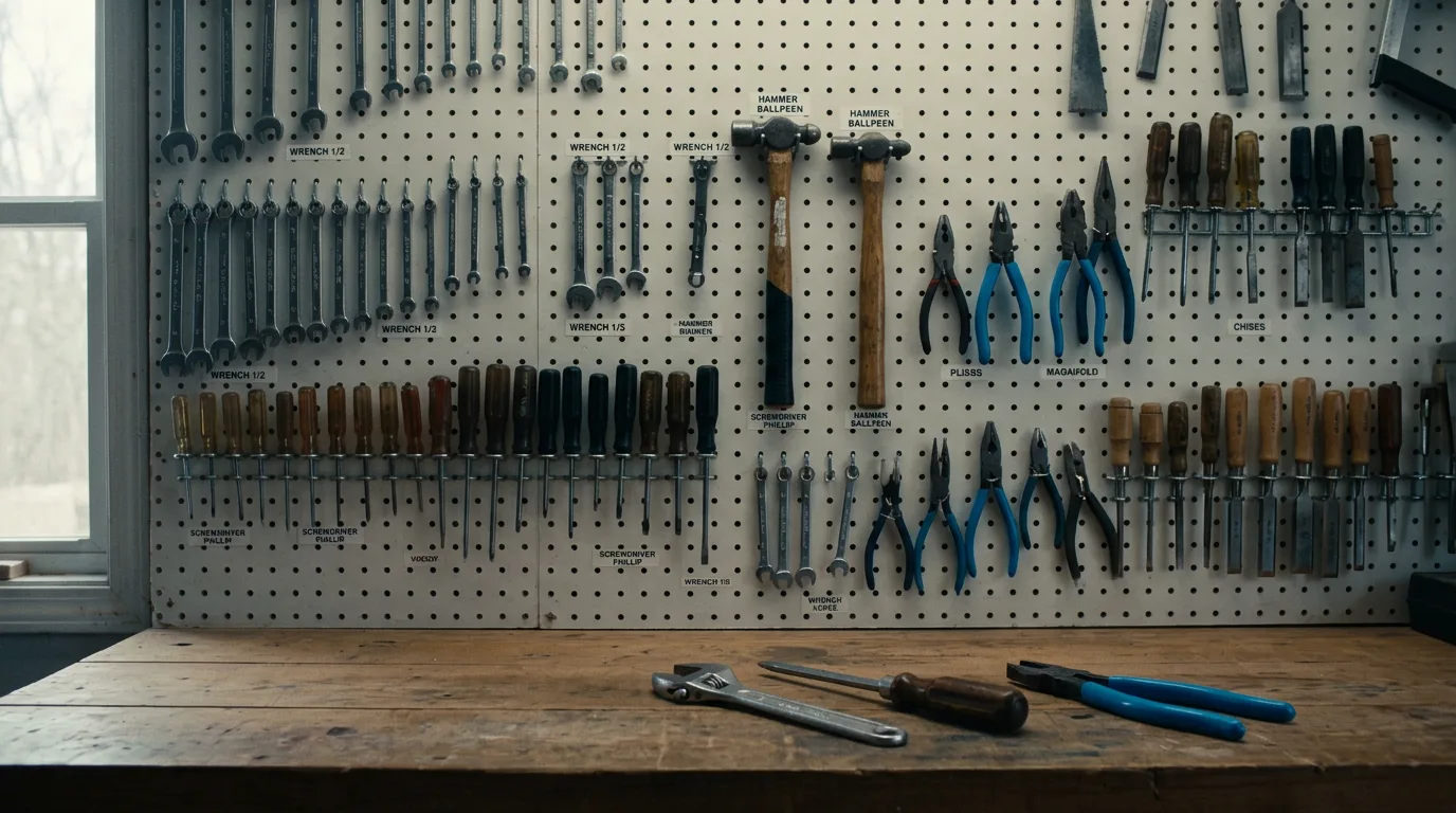 A workshop pegboard holds many labeled tools, with only three unhooked and laid on the bench below.