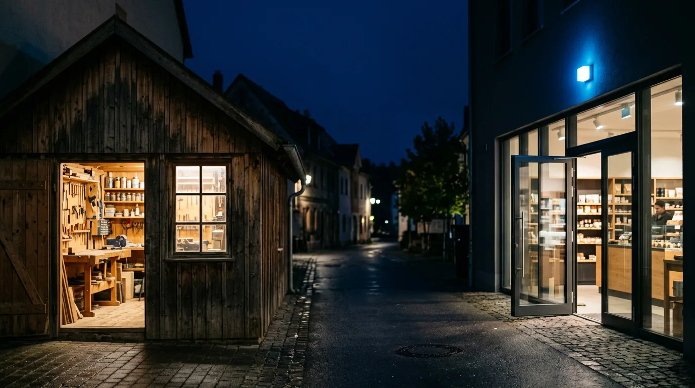 A small lit workshop shed beside a glass storefront with an open door on a quiet street at blue hour