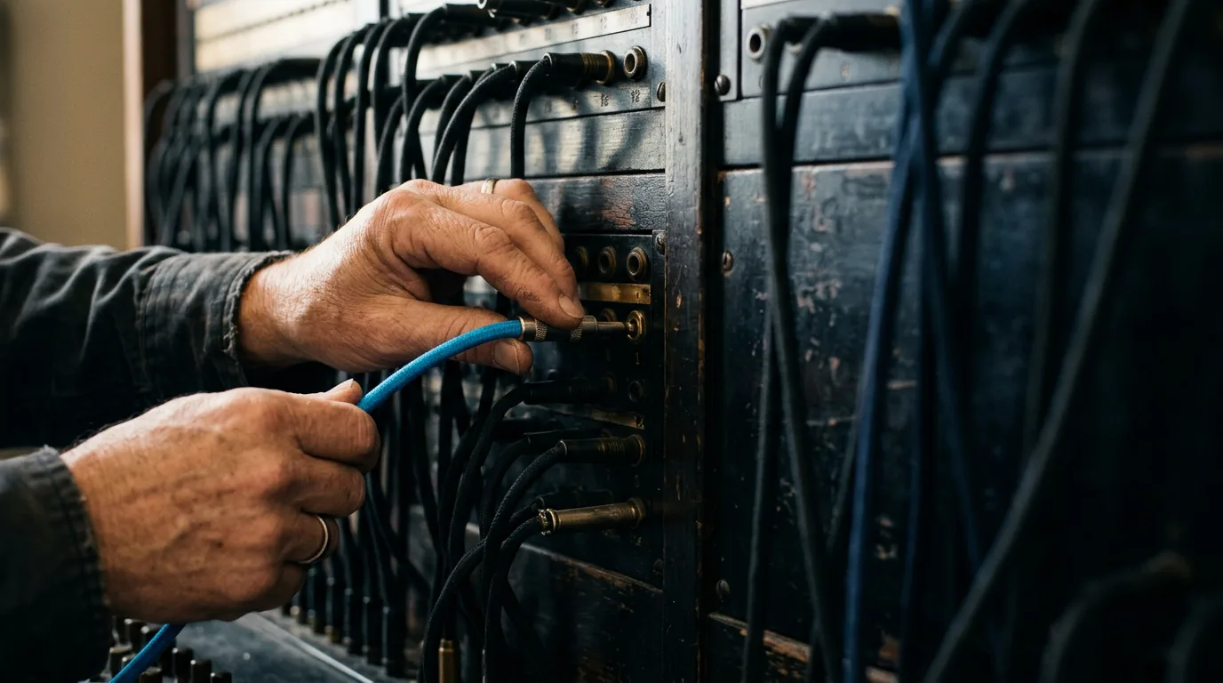 Two hands guiding a blue patch cord into a switchboard jack, the way an MCP client connects a model to a server