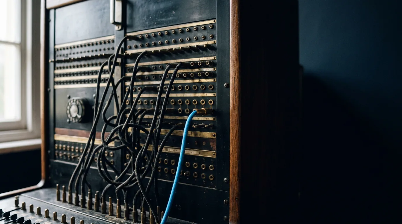 A vintage telephone switchboard in a dark room with one bright blue patch cord plugged in among black cords