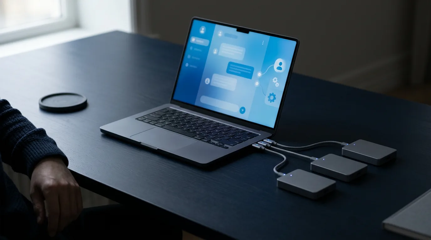 An open laptop on a dark desk joined by separate cables to three small gray boxes, the way a Model Context Protocol host connects to separate servers