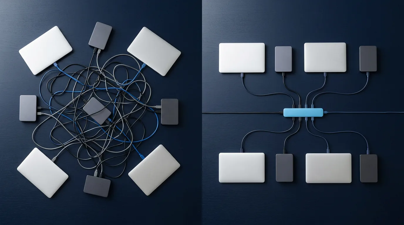 Overhead view of a desk where laptops and boxes are tangled in crisscrossing cables on the left and joined neatly through one blue connector strip on the right