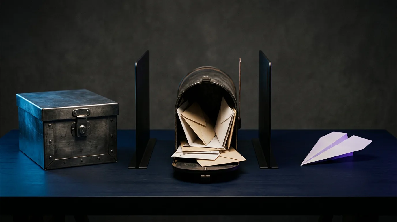 A locked document box, an overflowing mailbox and a paper airplane on a dark table, separated by two thin dividers