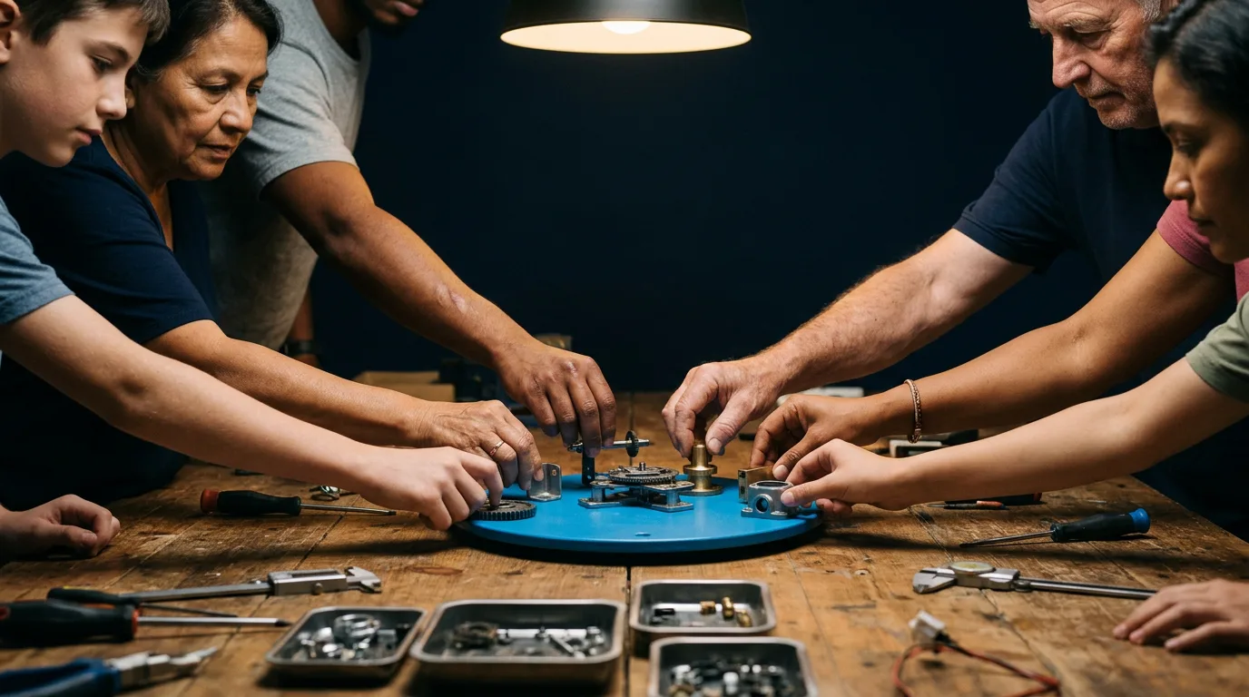 Six hands of different people placing small metal parts onto one shared blue base plate on a wooden workbench