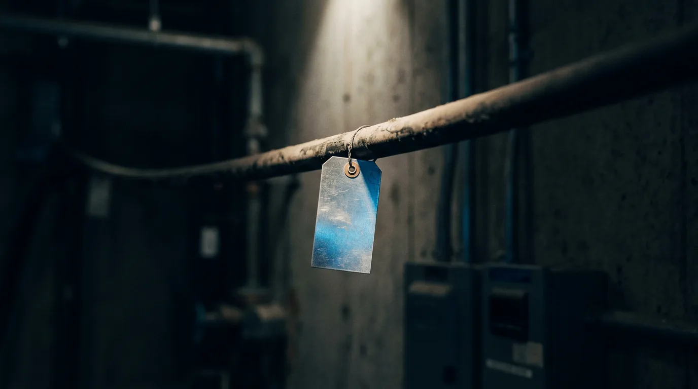 A metal inspection tag clipped onto a thick industrial cable, lit by a single overhead light.
