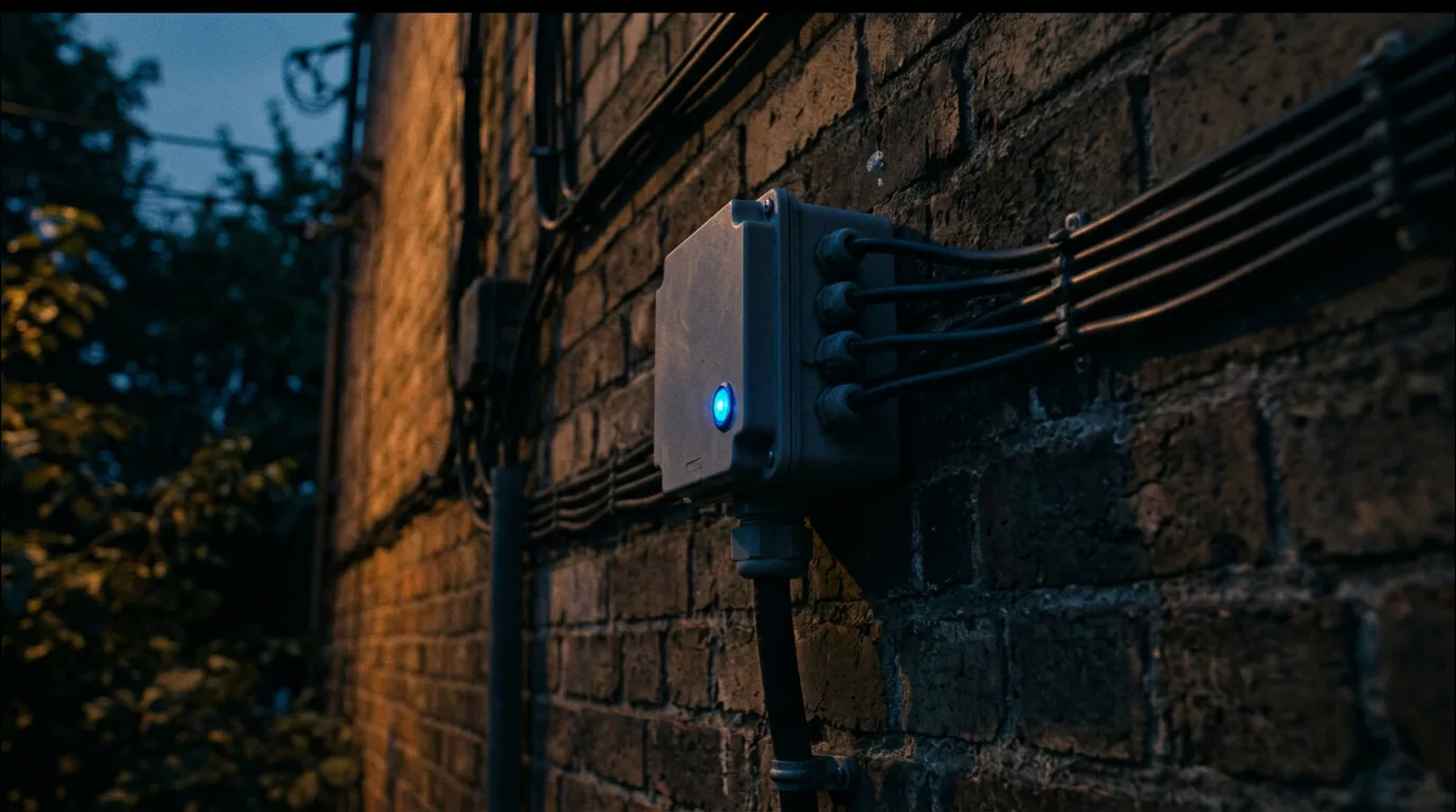 A weatherproof junction box mounted on a wall with one thick cable entering and several thinner cables branching out from it.