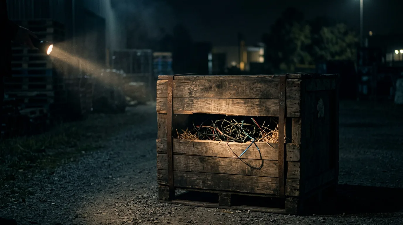 A wooden shipping crate at night with one slat pried open, revealing loose wires inside, lit by a single flashlight beam.