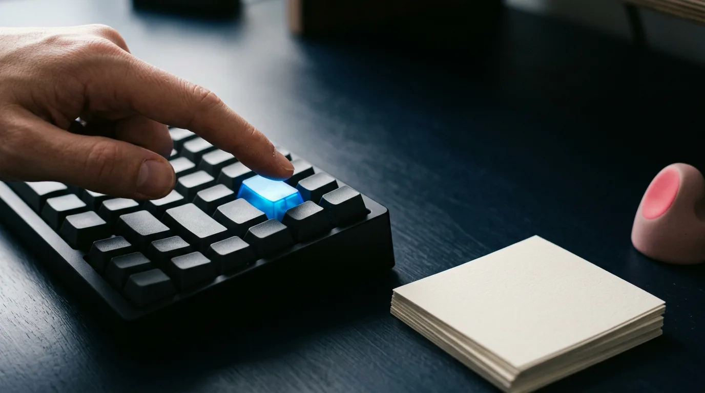 A finger about to press a single glowing blue key on a dark keyboard beside a small stack of blank invoices
