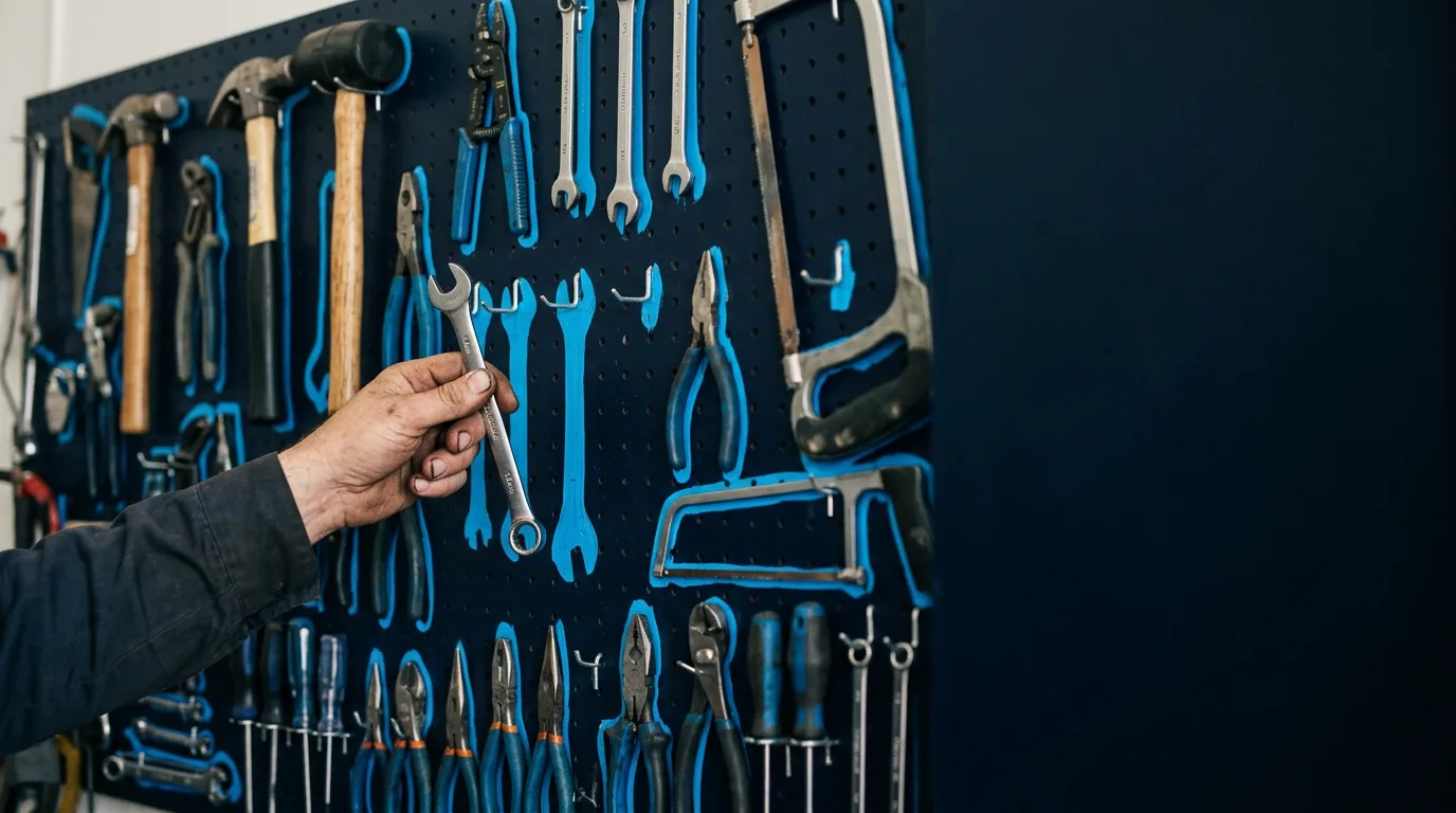 A hand lifting one wrench off a pegboard crowded with outlined hand tools