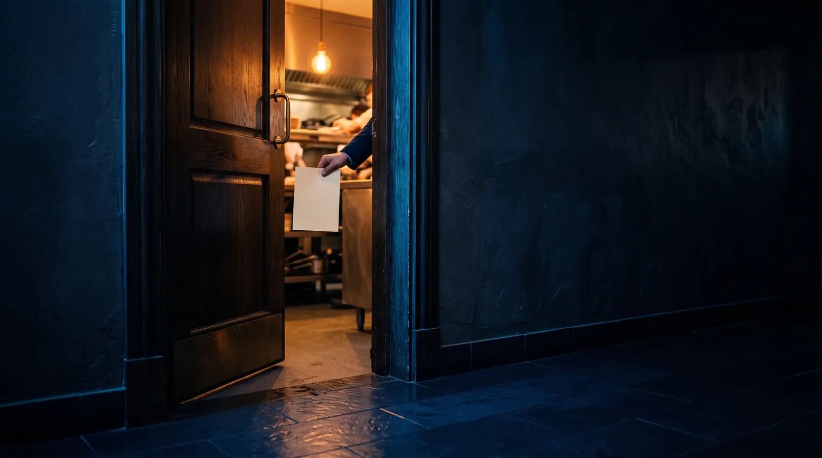 A manager's hand holding a blank paper slip at the swinging doors of a restaurant kitchen