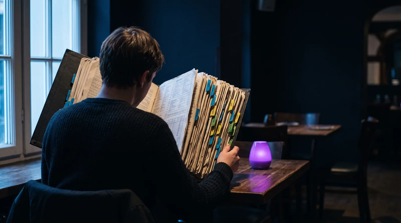 A diner seen from behind facing an enormous tabbed menu binder open on the table