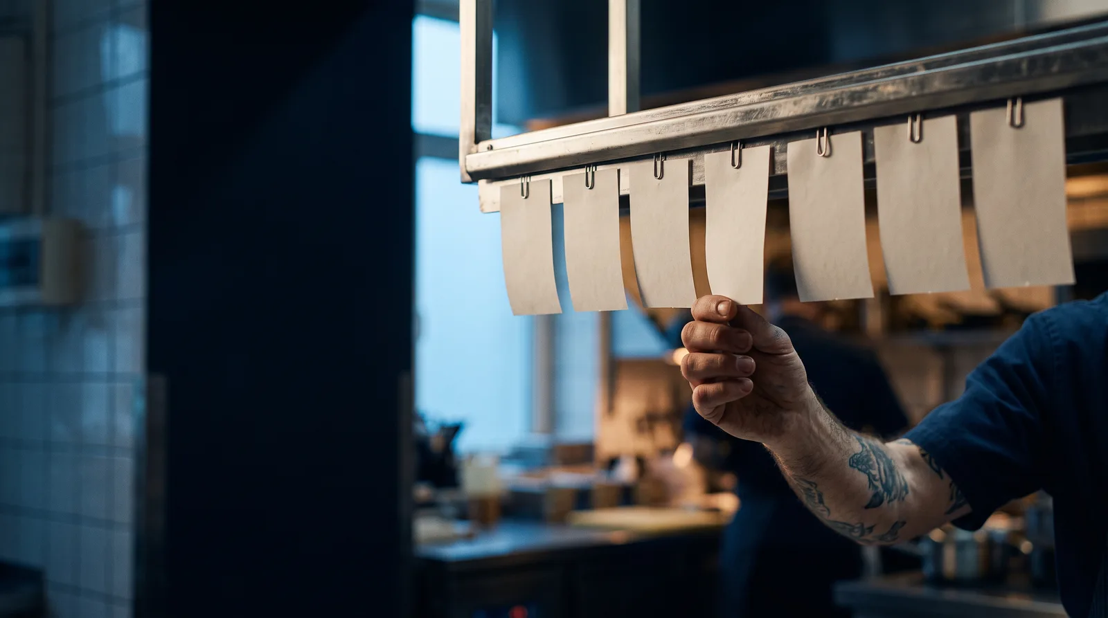 A cook's hand taking a blank order ticket from a rail above a restaurant kitchen pass