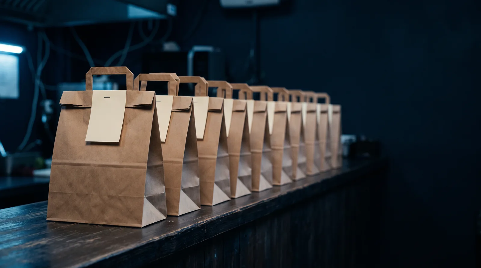 A row of identical takeout bags, each with its own paper ticket stapled to the top