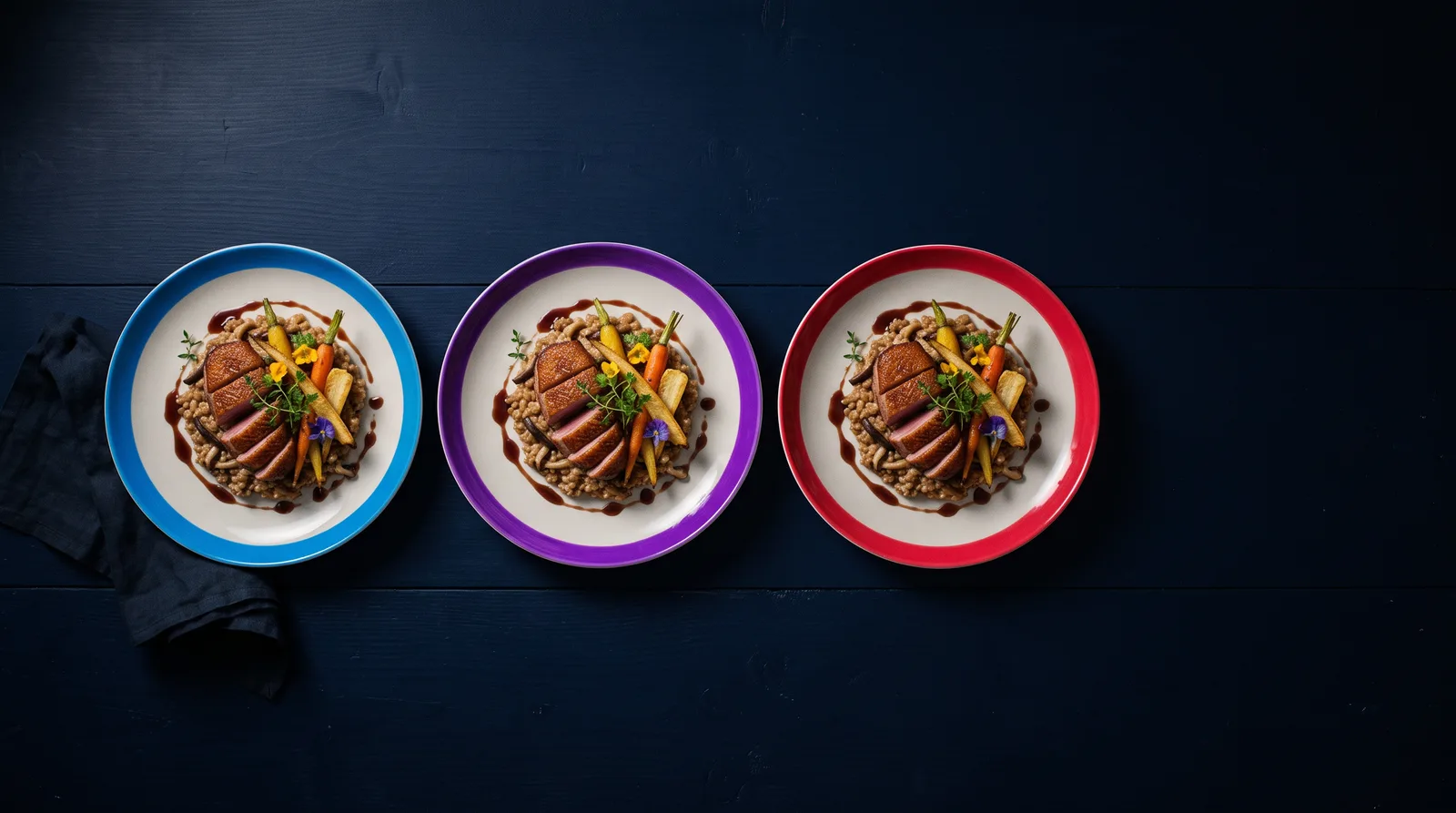 Three plates of the same dish side by side on a long dark table, each with a different colored rim