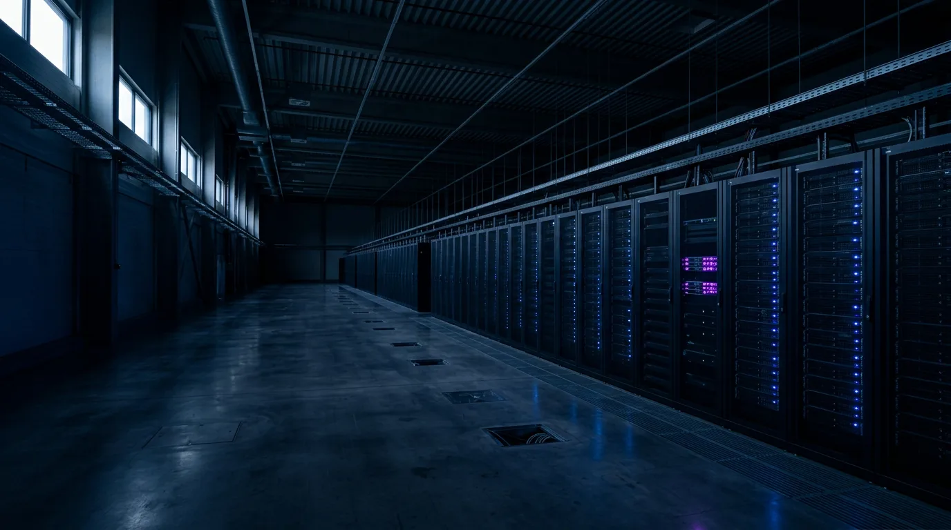 Long rows of dark server racks in a datacenter hall at night, lit by small blue status lights, with empty space on the left.