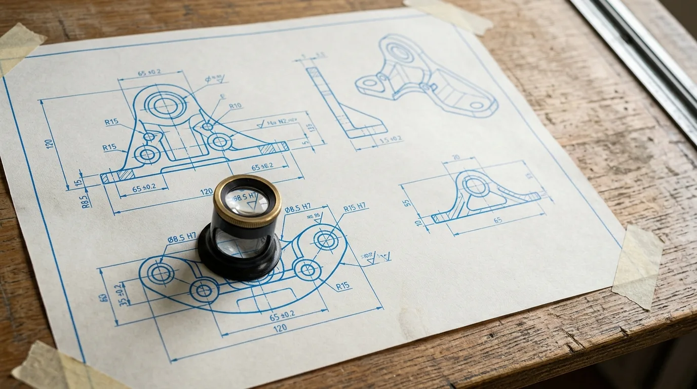 A printed mechanical drawing of a metal bracket on a drafting table with a magnifying loupe resting on the paper.