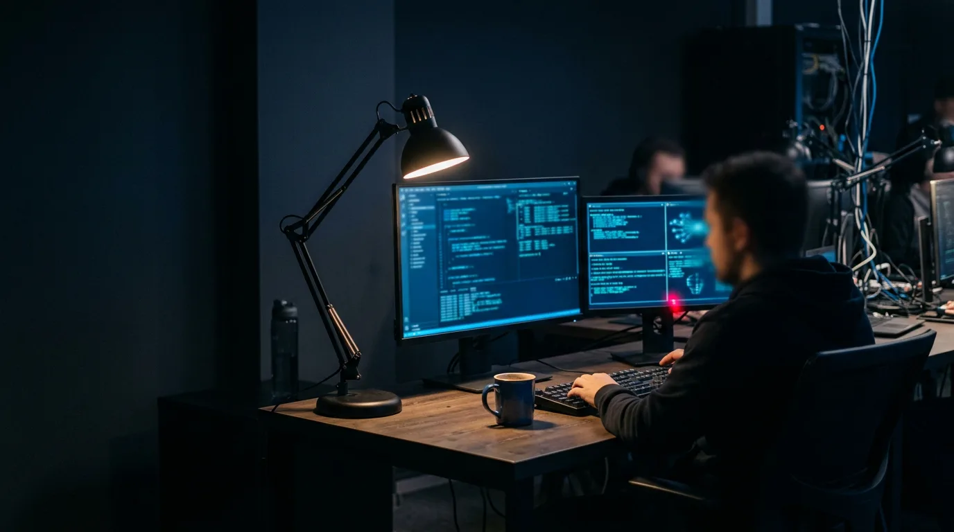 A dim security operations workstation with two monitors showing blurred code, a coffee mug and one small red indicator light.