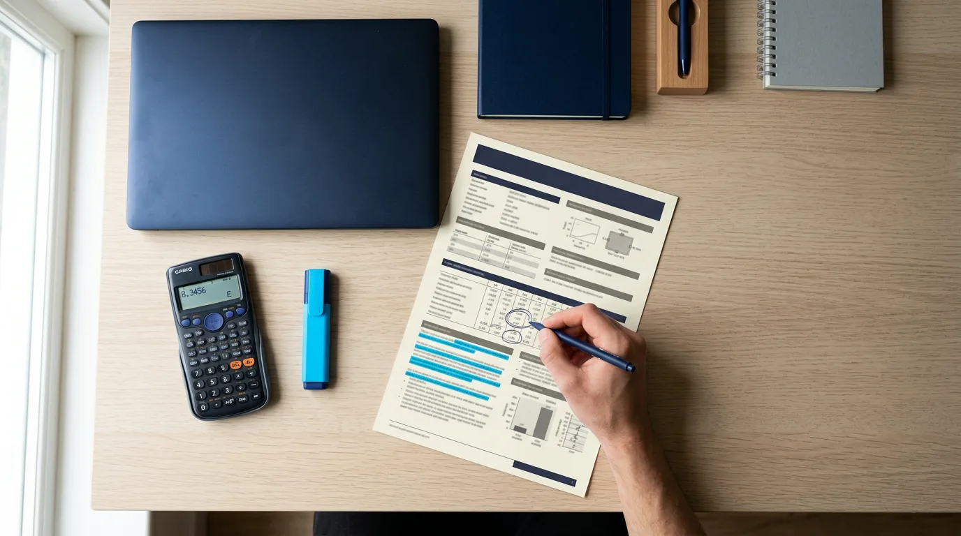 A printed spec sheet for Mistral Large 4 beside a laptop and calculator, with a pen circling numbers and a blue highlighter on the desk.