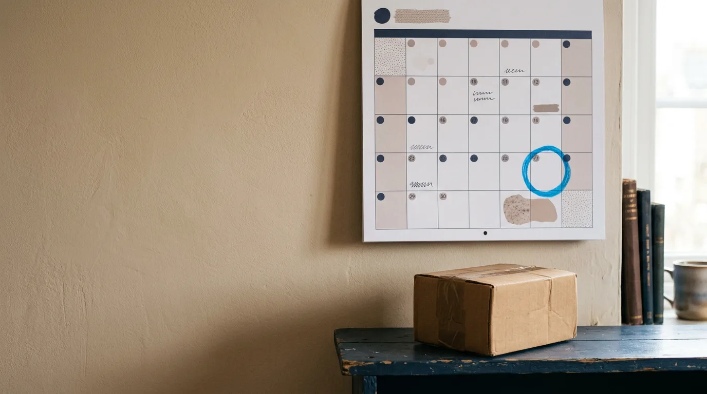 A wall calendar with one date near the end of the month circled in blue, above a small sealed box on a shelf.