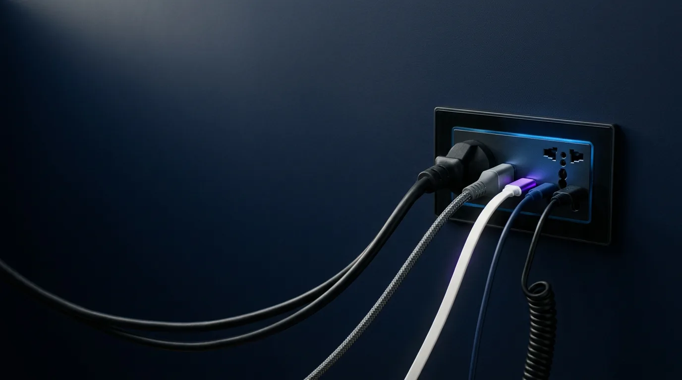 A single wall outlet on a dark navy wall with five different cables plugged into it, a picture of the Model Context Protocol connecting many tools through one standard