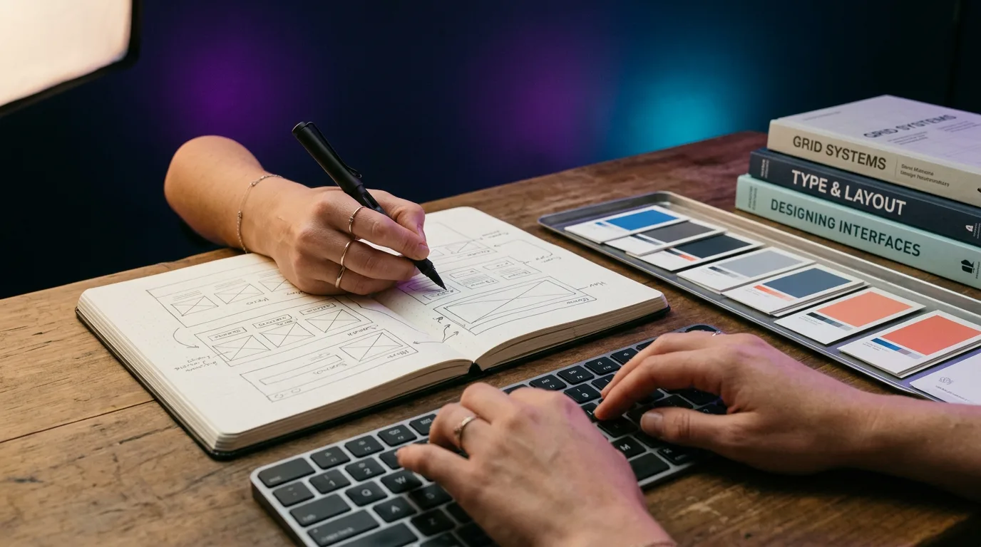 A creator working across digital media and research tools on an organized studio desk.