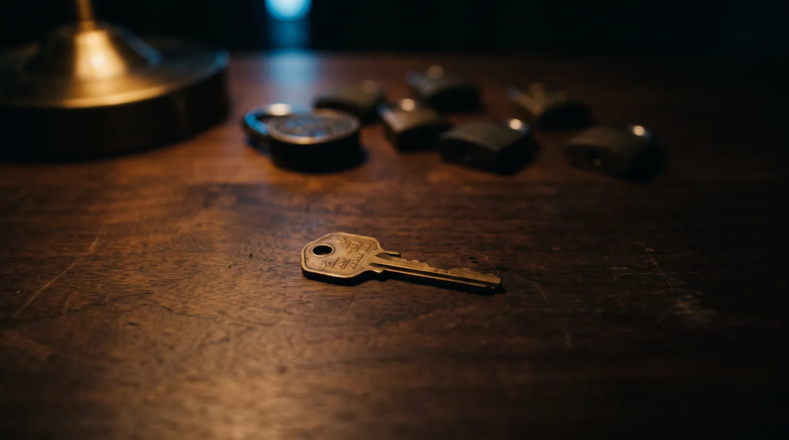 A single brass key on a desk with several blurred padlocks behind it, representing one login that should open several different AI models.