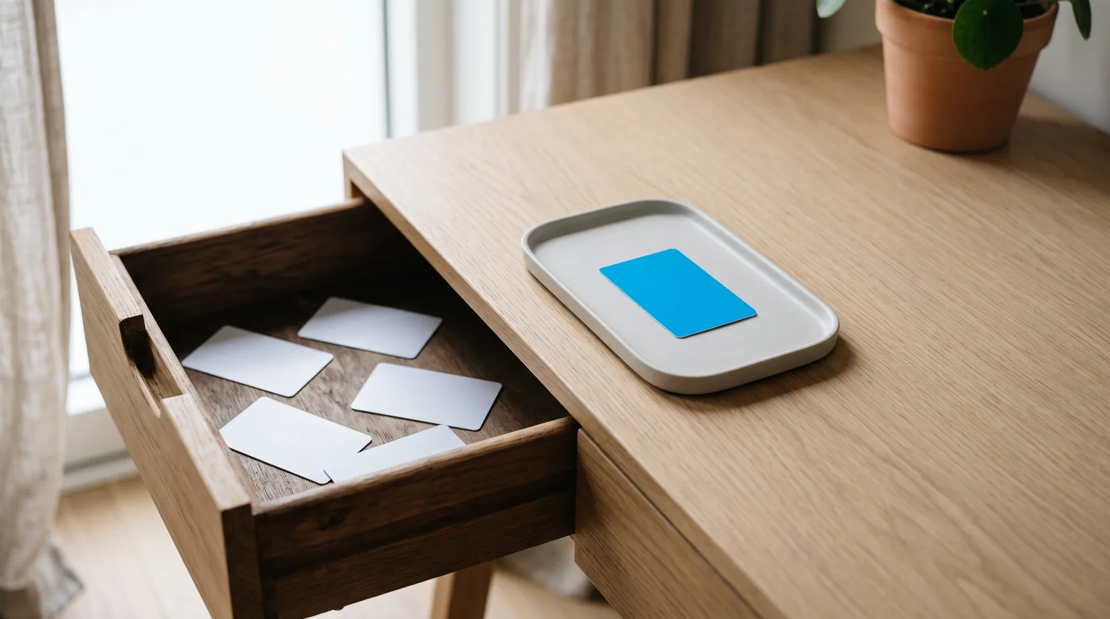 An open desk drawer with five scattered blank cards beside a tray holding one blue card