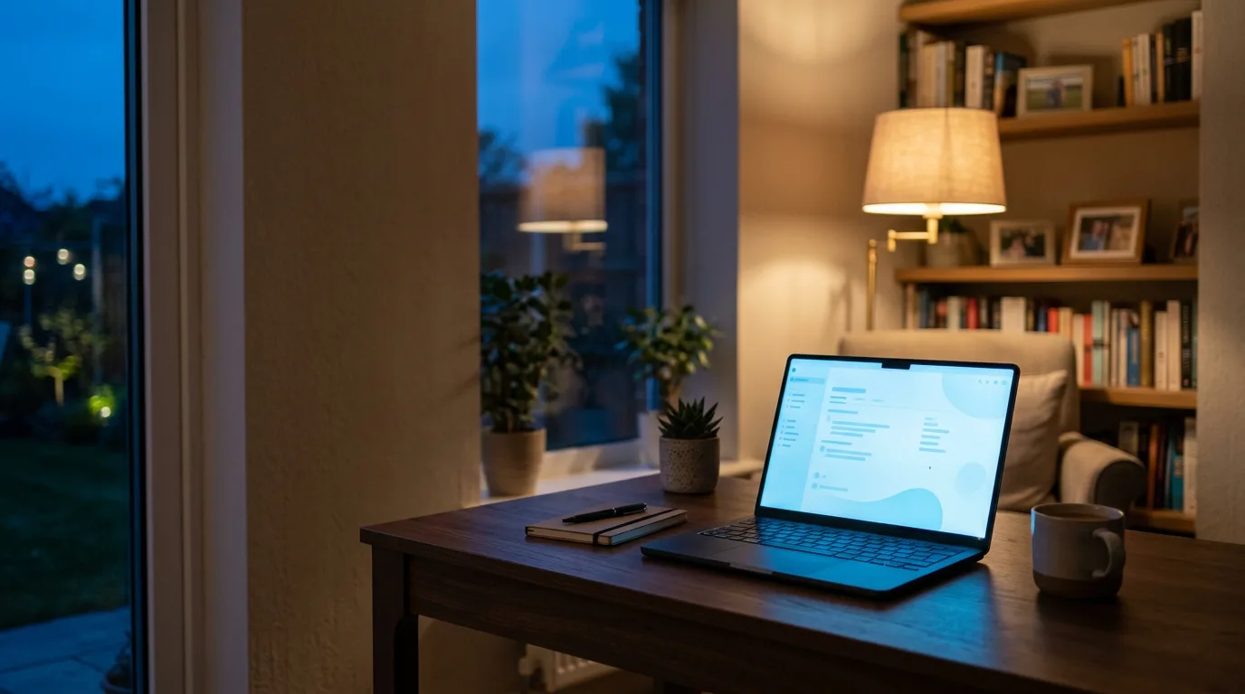 A single laptop glowing softly blue in a quiet home office at dusk