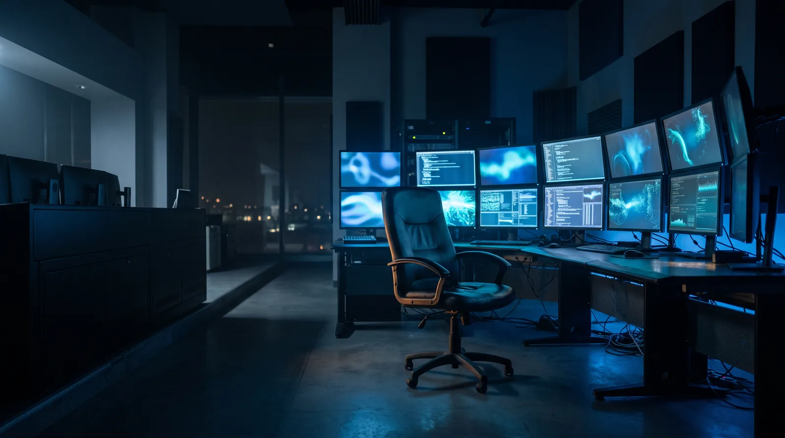 A quiet control room with several glowing monitors and one empty chair, representing several AI models run from a single seat.