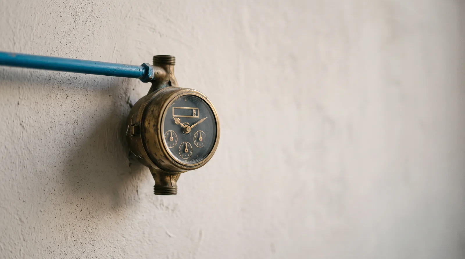 An old brass utility meter with round dials mounted on a plaster wall with a blue pipe feeding it